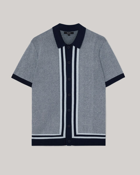 Panelled Short Sleeve Button Up Knit, Navy, hi-res